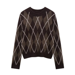 Women Casual round Neck Diamond Pattern Knitted Sweater