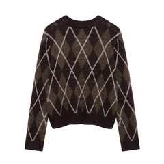 Women Casual round Neck Diamond Pattern Knitted Sweater