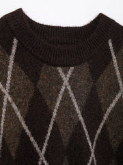 Women Casual round Neck Diamond Pattern Knitted Sweater