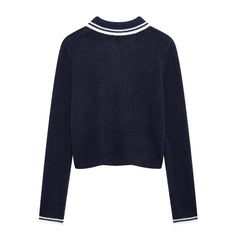 Women Navy Blue Collared Pullover Sweater