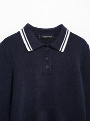 Women Navy Blue Collared Pullover Sweater