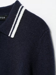 Women Navy Blue Collared Pullover Sweater