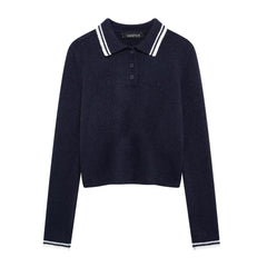 Women Navy Blue Collared Pullover Sweater