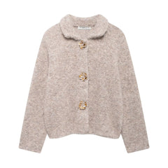 Elegant Knitted Cardigan with Floral Button