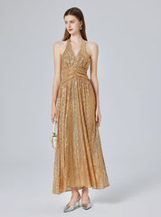 Women Sexy Gold Sequin Halter Backless Split Formal Dress