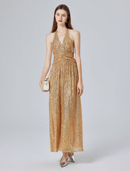 Women Sexy Gold Sequin Halter Backless Split Formal Dress