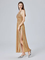 Women Sexy Gold Sequin Halter Backless Split Formal Dress