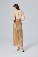 Women Sexy Gold Sequin Halter Backless Split Formal Dress