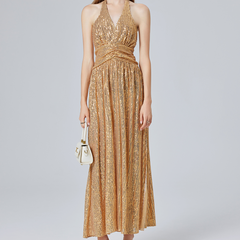 Women Sexy Gold Sequin Halter Backless Split Formal Dress