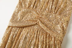 Women Sexy Gold Sequin Halter Backless Split Formal Dress