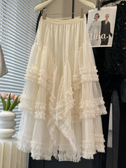 Multi-Layer High Rise Lace Mesh Tiered Skirt