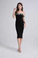 Women Elegant Off Shoulder Rhinestone Formal Dress