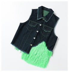 Fluorescent Green Tassel Vest Skirt Two Piece Set