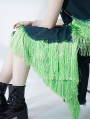 Fluorescent Green Tassel Vest Skirt Two Piece Set