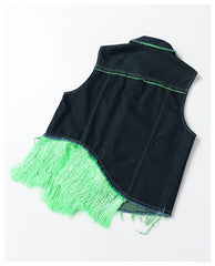 Fluorescent Green Tassel Vest Skirt Two Piece Set