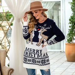 Women Christmas Reindeer Jacquard Mid Length Sweater