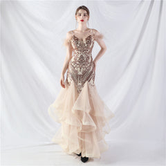 Elegant Ostrich Feather Mesh Floral Sequin Formal Dress