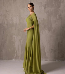 Luxury Sage Green Chiffon Evening Dress with Cape Sleeves