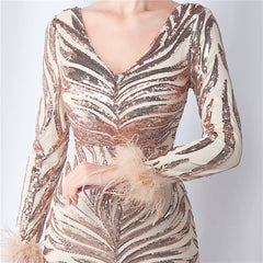 Ostrich Feather Floral Cut Long Sleeve Sequin Evening Dress