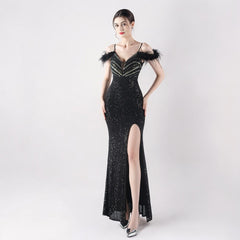 Elegant Ostrich Feather Sequin Evening Dress