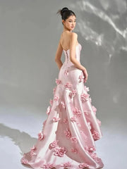 Luxury Beaded Flowers Mermaid Pink Satin Evening Dress