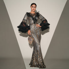 High End Long Sleeve Sequined Fishtail Evening Dress