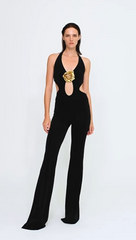 Sexy Golden Floral Halter Backless Formal Jumpsuit