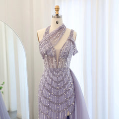 Luxury Lilac Beaded Side Slit Halter Evening Dress with Overskirt