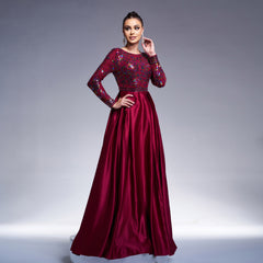 Long Sleeve Crew Neck Sequined Cocktail Evening Dress