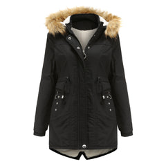 Women Cotton-Padded Fleece Mid-Length Detachable Hat Fur Coat