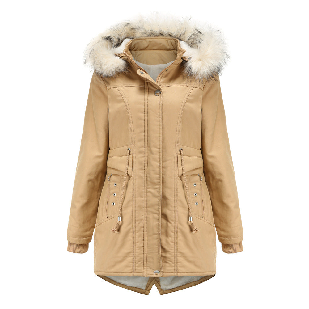 Women Cotton-Padded Fleece Mid-Length Detachable Hat Fur Coat