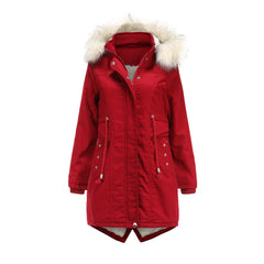 Women Cotton-Padded Fleece Mid-Length Detachable Hat Fur Coat