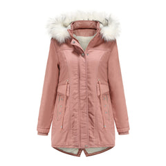 Women Cotton-Padded Fleece Mid-Length Detachable Hat Fur Coat