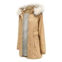 Women Cotton-Padded Fleece Mid-Length Detachable Hat Fur Coat