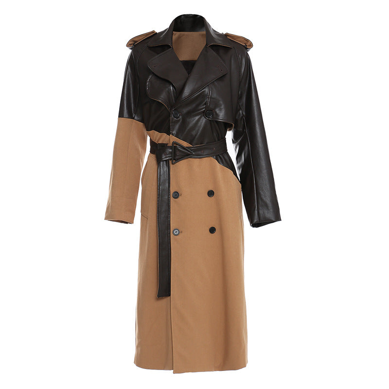 Women Mid Length Over knee Leather Wind Coat