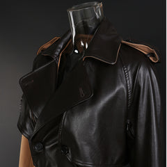 Women Mid Length Over knee Leather Wind Coat