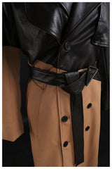 Women Mid Length Over knee Leather Wind Coat