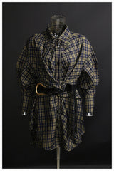 Long Sleeve Plaid Loose Korean Retro with Belt Shirt Dress