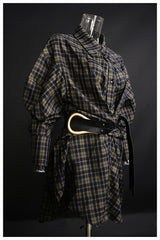 Long Sleeve Plaid Loose Korean Retro with Belt Shirt Dress