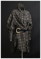 Long Sleeve Plaid Loose Korean Retro with Belt Shirt Dress