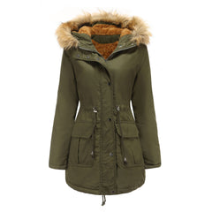 Fleece Lined Hooded Fur Collar Winter Warm Coat