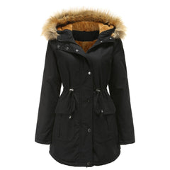 Fleece Lined Hooded Fur Collar Winter Warm Coat