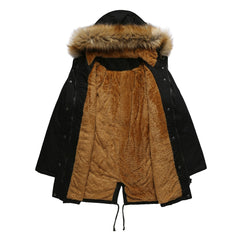 Fleece Lined Hooded Fur Collar Winter Warm Coat