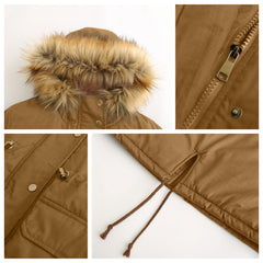 Fleece Lined Hooded Fur Collar Winter Warm Coat