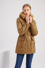 Fleece Lined Hooded Fur Collar Winter Warm Coat