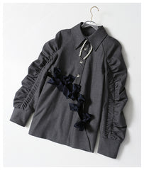 Elegant Bow Cutout Pleated Puff Sleeve Gray Shirt