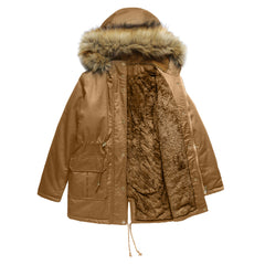 Fleece Lined Hooded Fur Collar Winter Warm Coat