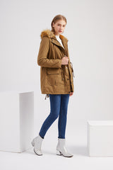 Fleece Lined Hooded Fur Collar Winter Warm Coat