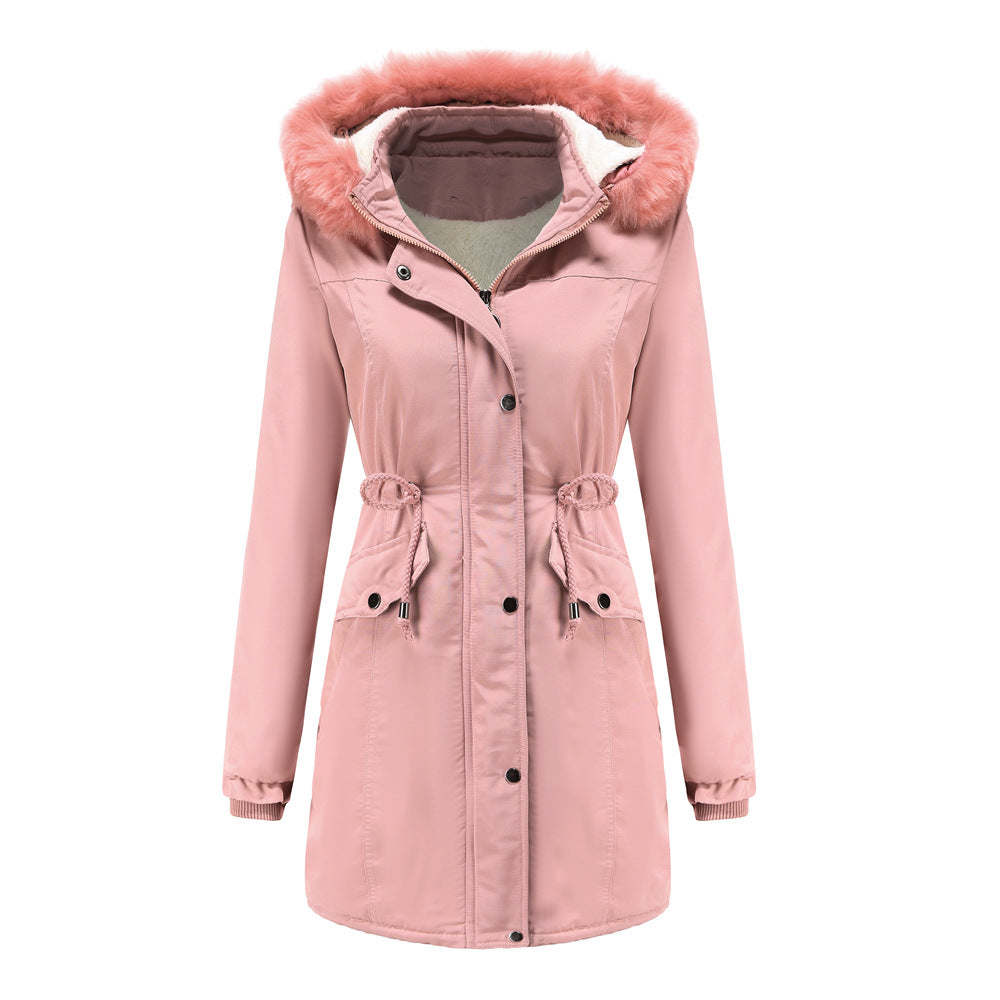 Women Cotton Velvet Detachable Hat Big Fur Collar Coat