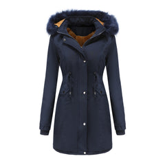 Women Cotton Thickened Velvet Detachable Hat Big Fur Collar Coat